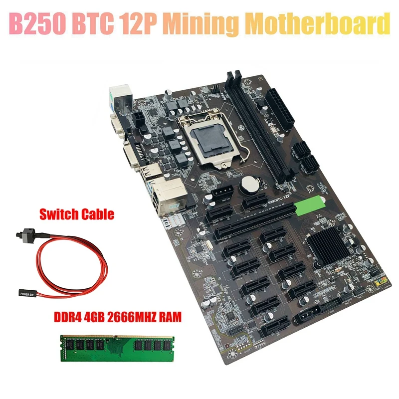B250 BTC Mining Motherboard with DDR4 4G 2666Mhz RAM+Switch Cable LGA 1151 12XGraphics Card Slot for Miner | Компьютеры и офис