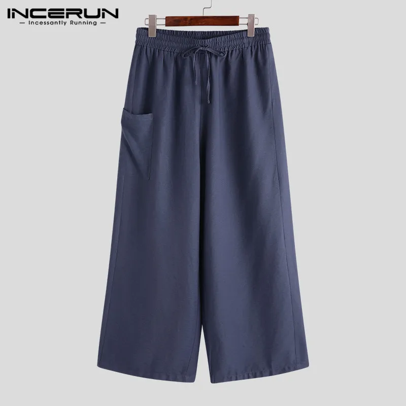Blue INCERUN Мода мужские однотонные штаны с эластичным поясом пижамные брюки с боковыми карманами удобные новые свободные повседневные мужские брюки - Цвет: Blue