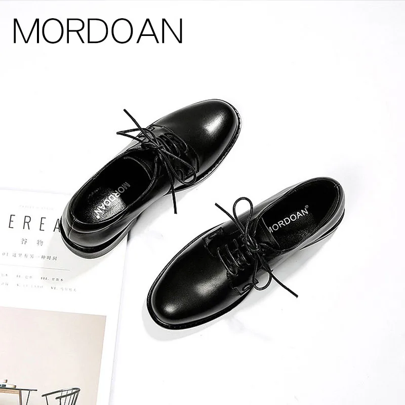 MORDOAN Genuine Cow Leather Oxfords Women Shoes Lace-Up Ladies Brogue Flat Derby Shoes Patent Leather Big Size 44 45 46