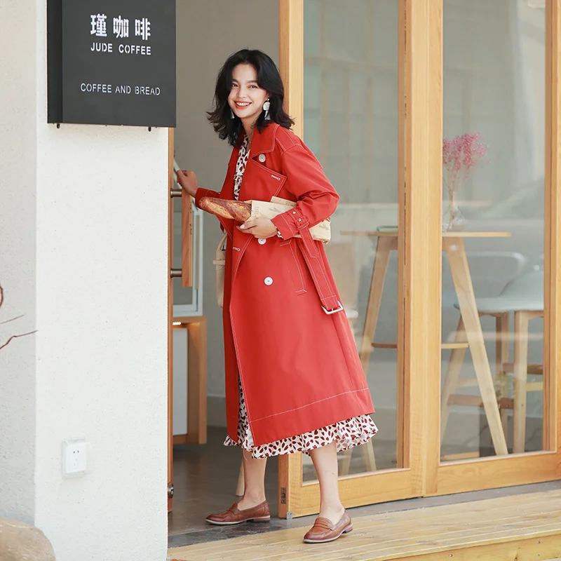 Осенняя Женская Высококачественная Длинная ветровка с двубортными поясом, тонкое пальто, Ветровка женская