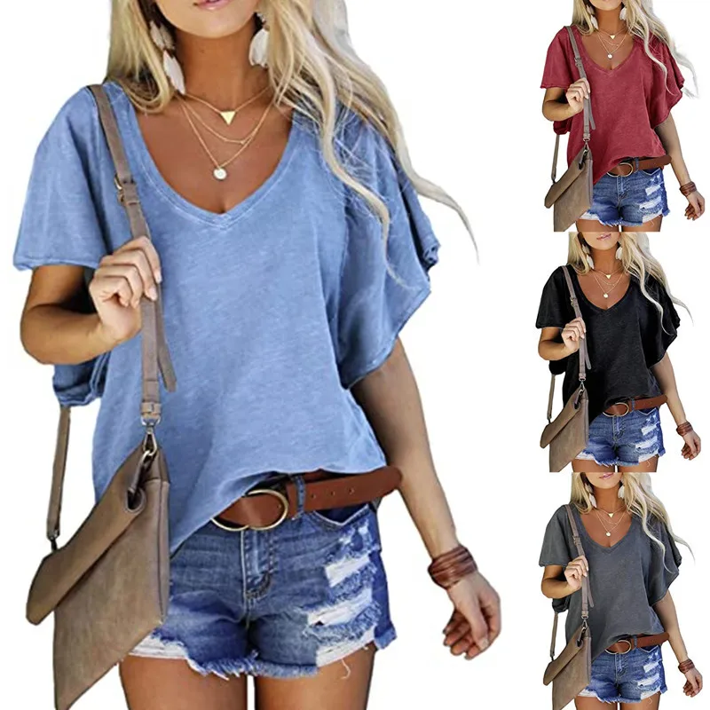 Топ женский однотонный с V-образным вырезом хлопковая Повседневная Свободная