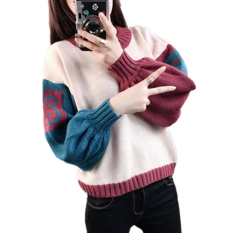 

Korean style women sweater loose casual round neck pullover trend lantern sleeve ladies pull femme jumper fall clothes