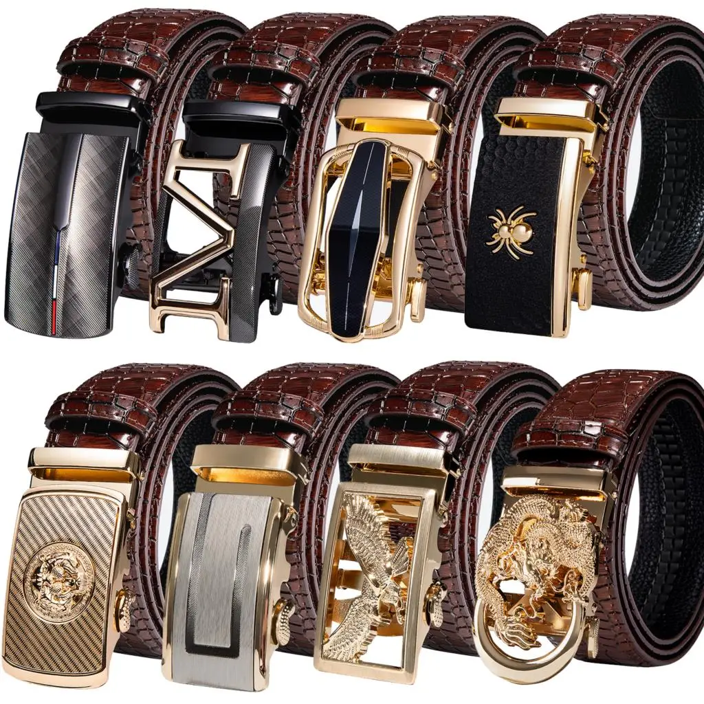 Automatic Buckles Mens Belts Red Burgundy Leather Men Belt Ratchet Tiger Wolf Eagle Bat Gold Black Waistband Straps Suit Wedding