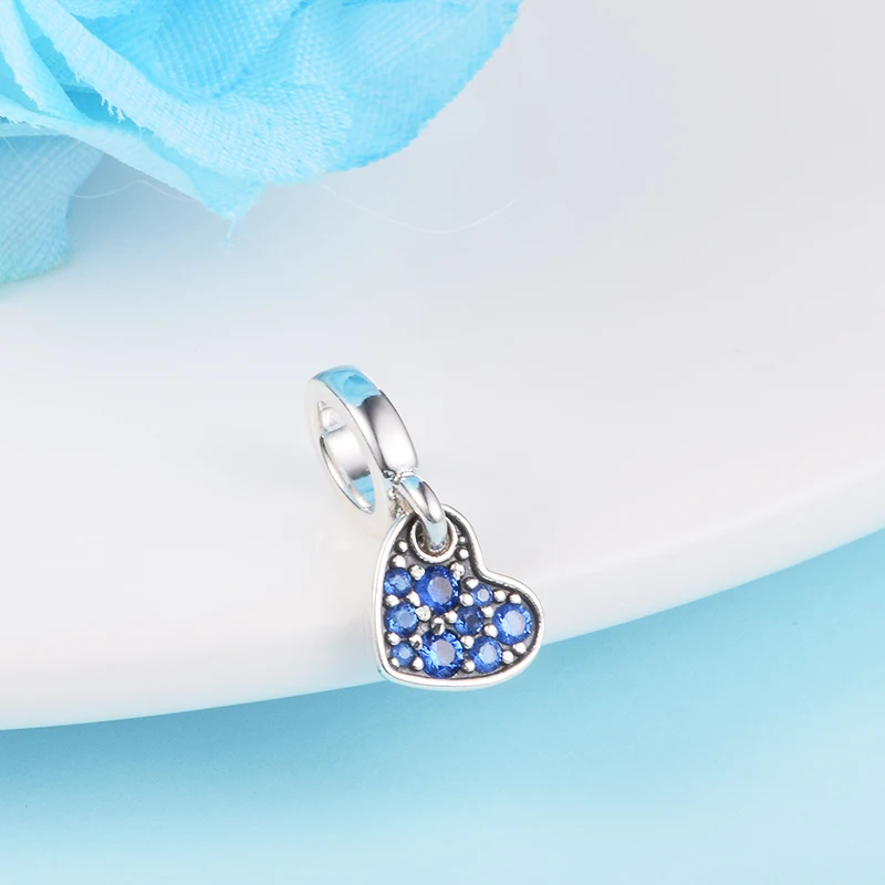 

Fits Europe Bracelet 925 Sterling Silver Stellar Blue Pave Tilted Heart Dangle Charms Beads DIY Jewelry Gift Kralen 2021 New