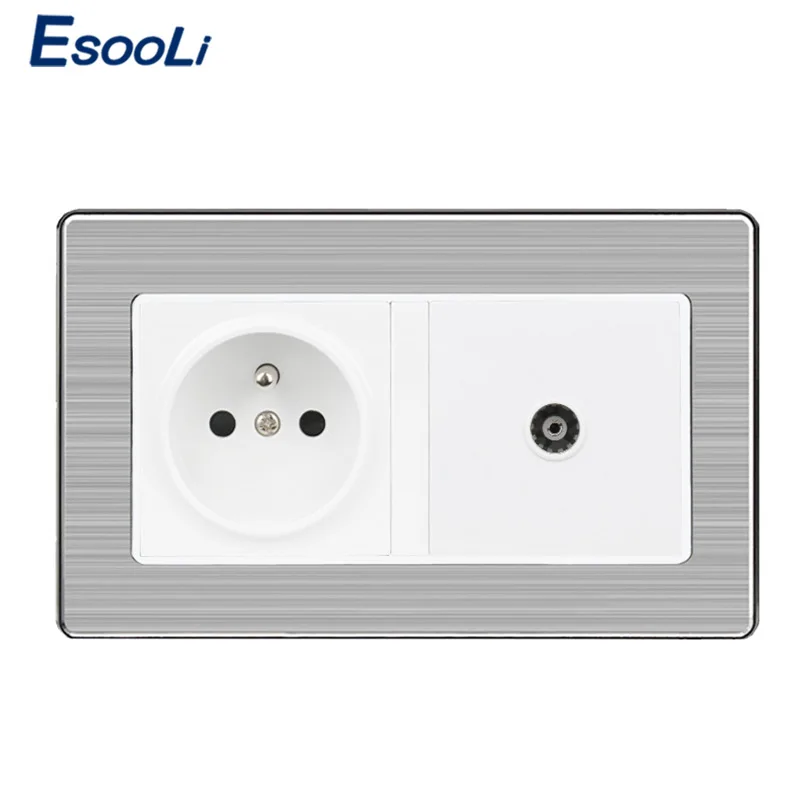 Esooli French Standard Wall Socket + Female TV Outlet Stainless Steel Brushed Panel Power Grounded 16A |