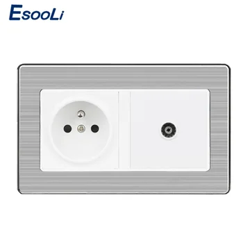 

Esooli French Standard Wall Socket + Female TV Outlet Stainless Steel Brushed Panel Power Socket Grounded 16A