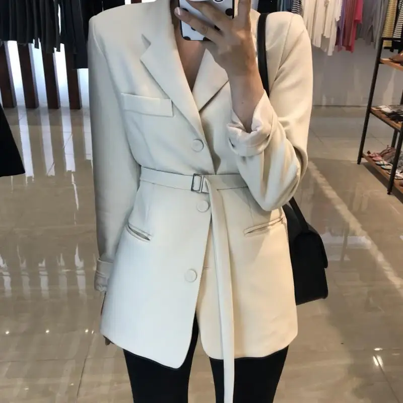 Винтажный однобортный Однотонный женский Блейзер, Женский офисный ретро пиджак с поясом и карманами, женские пиджаки с длинным рукавом, верхняя одежда