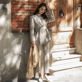 

S-XL Plus Size Autumn Winter 2 Piece Set For Womens Belted Long Blazer Woolen Coat+Long Pencil Pant Striped Blazer Woman Suit