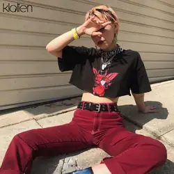 KLALIEN/Летний укороченный топ с короткими рукавами 2019, популярные женские черные хлопковые повседневные футболки с круглым вырезом