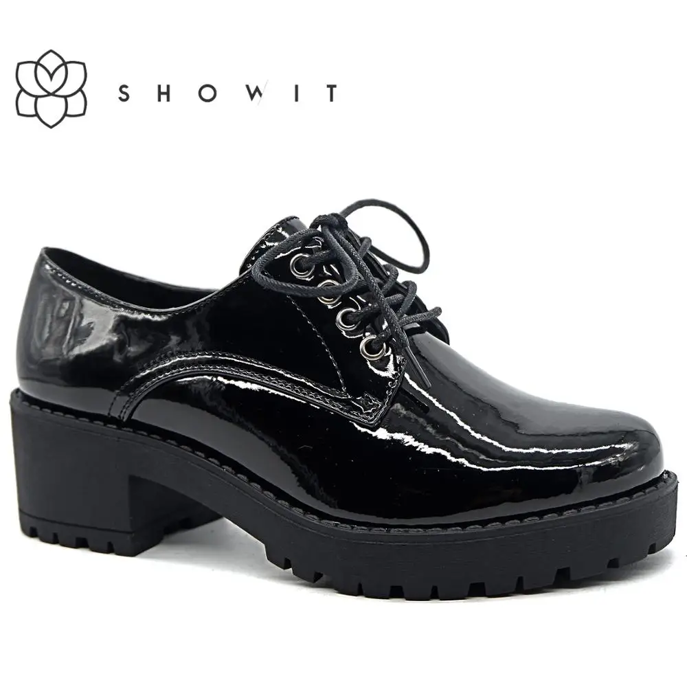 

Female corporate shoes 2019 Black Patent Women Platform Shoes Oxford Lace Up ladies offices Shoes Middle Heels Flat Shoes winter