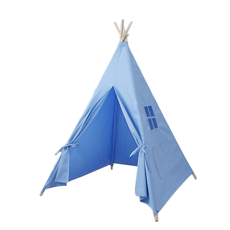 Детская игровая палатка вигвам из хлопка, детский игровой домик типи для помещений, уличная игрушка для мальчиков и девочек, подарок для малышей, белый с ковриком - Цвет: Синий