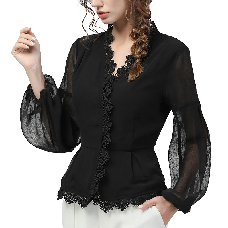 Elegant Women Black Chiffon Shirt High Waist Slim