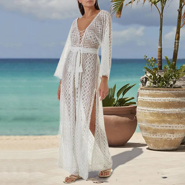 White Beach Dresses For Women Summer See Through Dress Long Sleeve Sundress  Cover Up Vacation Sunproof Sexy Maxi Dress - Dresses - AliExpress
