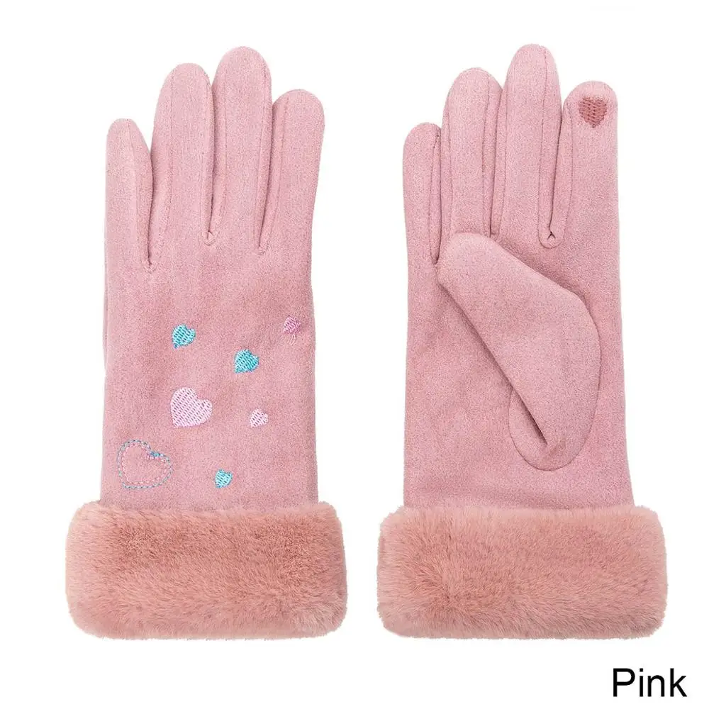 Зимние перчатки сенсорный экран для женщин теплые милые двойные толстые плюшевые наручные в форме нарисованного сердца женские уличные женские перчатки - Цвет: pink 1