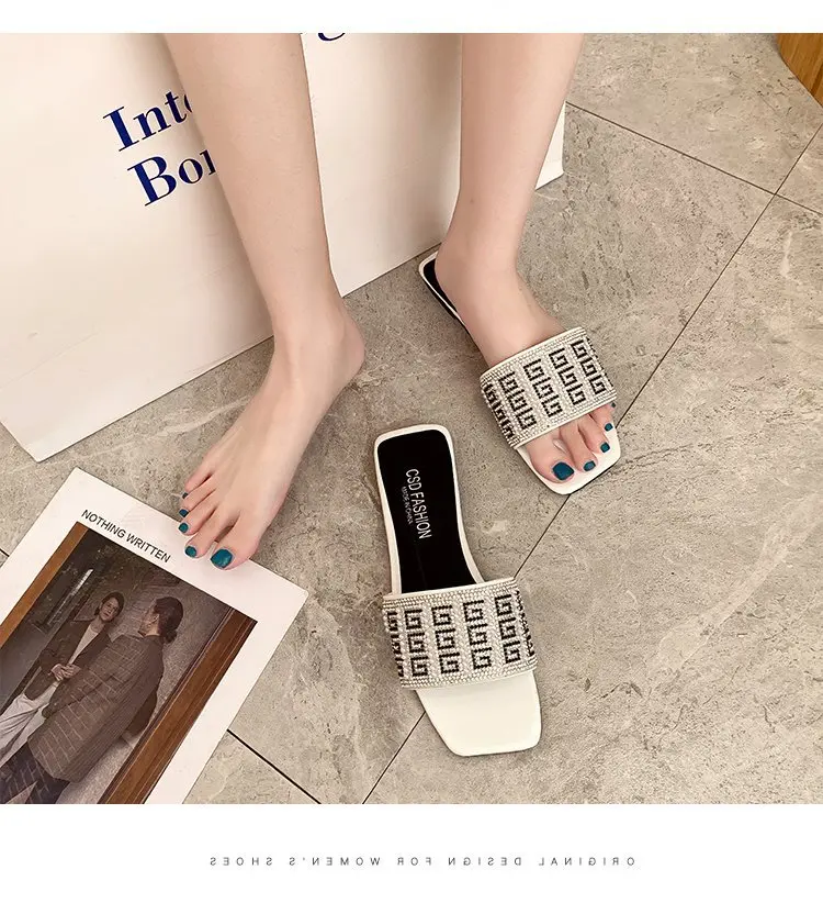 Summer Rhinestone G Letter Women Slippers Sandals Shoes Antiskid
