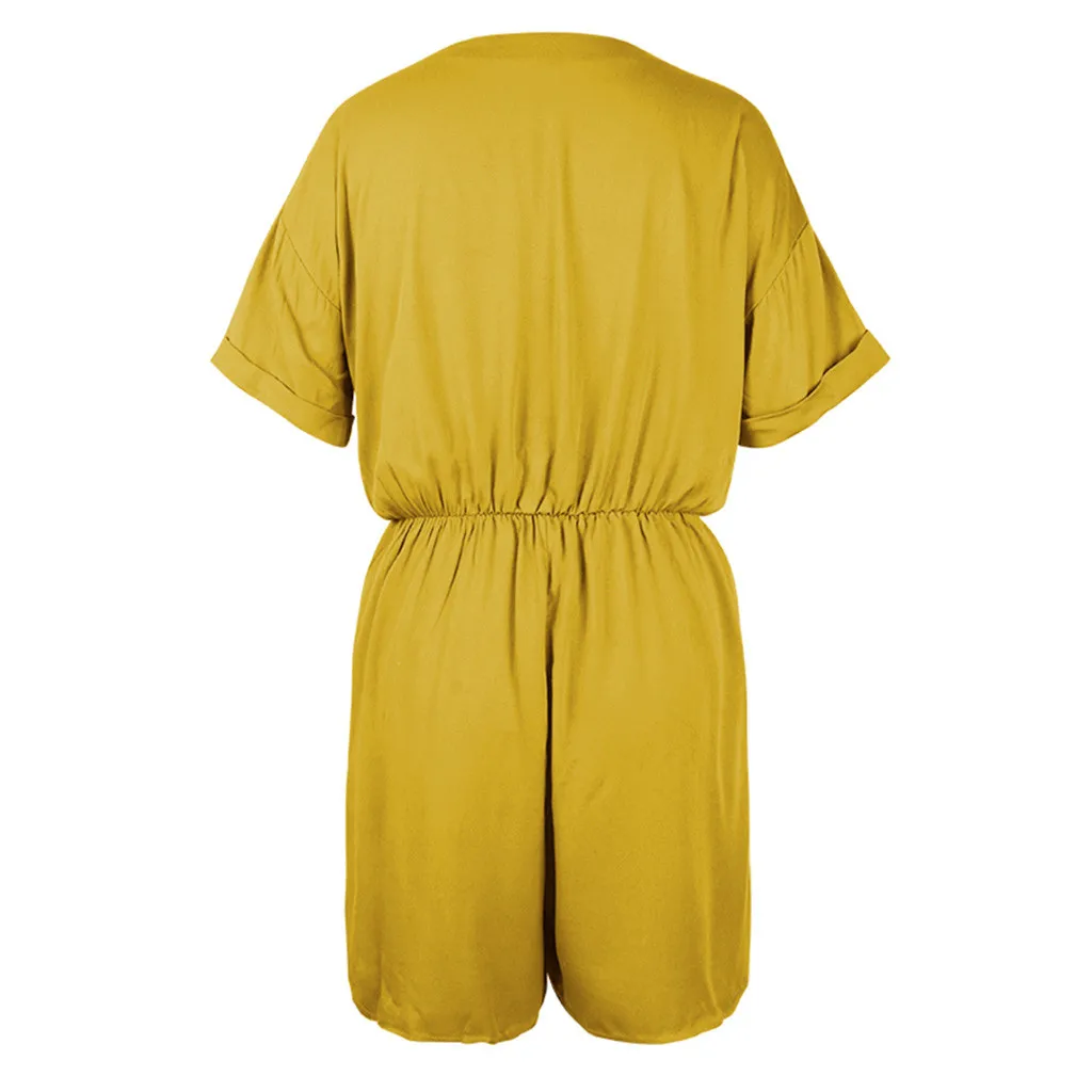 Jaycosin Fashion Summer Women Casual Solid V-Neck Button Wild Stylish Short Sleeve Comfortable Playsuit Casual Short Jumpsuit311