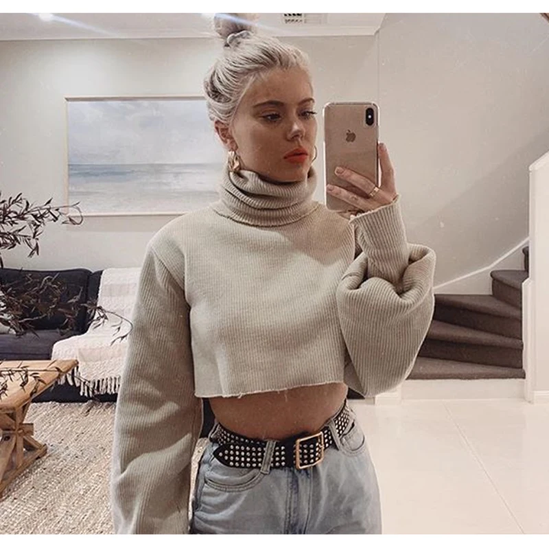 DICLOUD Turtleneck Women Cropped Sweater Winter Oversize Long Sleeve Warm Knitted Pullovers Fashion Streetwear