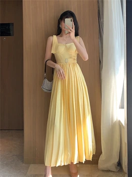 

Summer Long Dress for Women New French Style Belt Tie Waist Slim Big Pleated Dress Girls Ladies Sleeveless Yellow Maxi Dresses