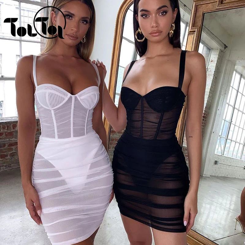 

Black Mesh Patchwork Hollow Out Bodycon Dress Summer Spaghetti Strap Women Dresses Party Club Vestidos