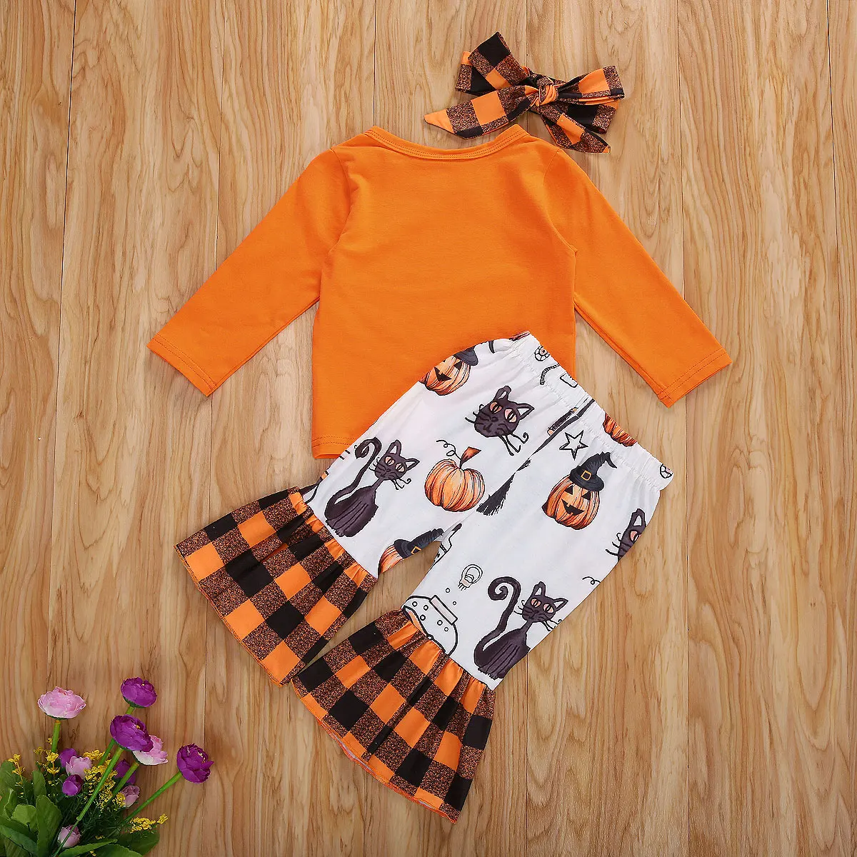 3PCS Halloween Toddler Baby Boys Girls Clothes Long Sleeve T shirt Print Plaid Flare Pant Headband Outfits Festival Costume 0-3T