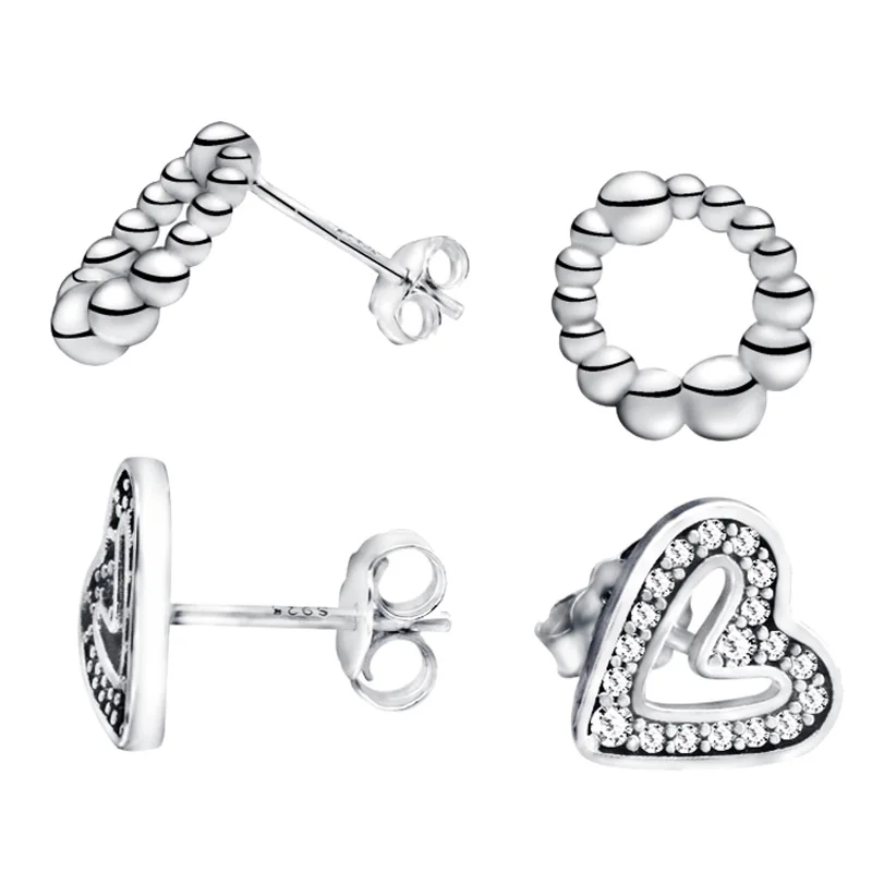 

2020 Valentine New 925 Sterling Silver Sparkling Freehand Heart Beaded Circle Stud Earrings for Women Fashion Jewelry