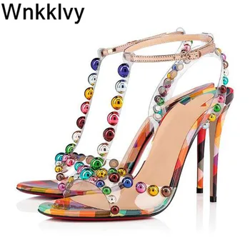 

Colorful Rivet Ball Gladiator Sandals Women thin High Heels Open Toe T-strap Summer Transparent clear PVC Sandalias fairy shoes