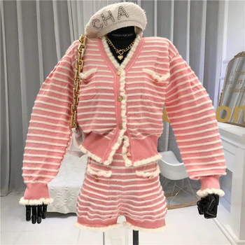 

Autumn 2PCS Sets Women Short Style Knit Striped Cardigans Tops+High Waist Mini Skirts V Neck Single Breasted Knit Skirts Suit