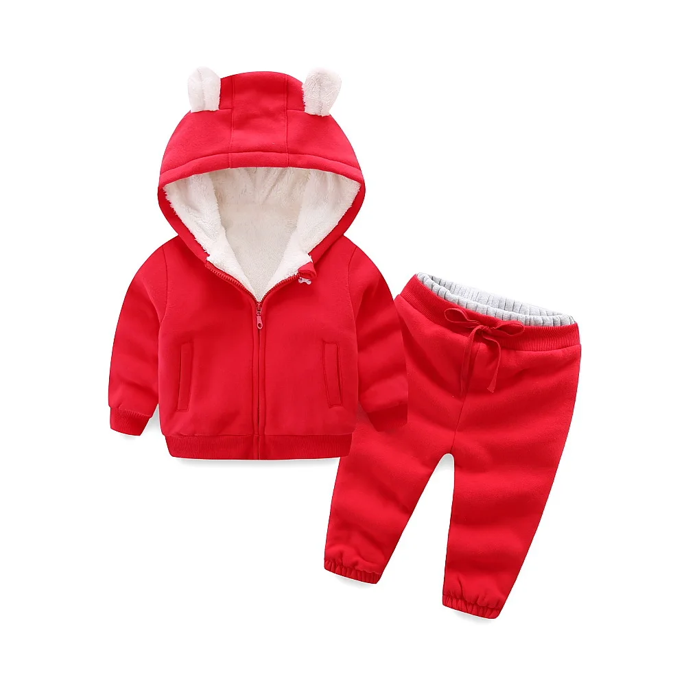 Осенне-зимние комплекты одежды для девочек и мальчиков, куртки в виде медвежонка+ брюки, спортивные костюмы для девочек, плотный теплый спортивный костюм, комплекты одежды для детей - Цвет: red