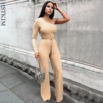 

Elegant Women Sexy Bandage Jumpsuits One Shoulder Office Lady Shiny Trousers Belt Wide Leg Pants Loose Rompers Bodysuit Playsuit