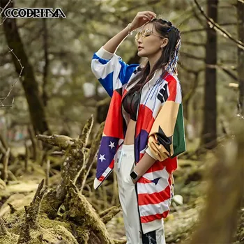

Fashion Velvet Fabric Coat Women Harajuku Flag Print Jackets Women Autumn Coats Overcoats Female Tops Hip hop leisure Jackets