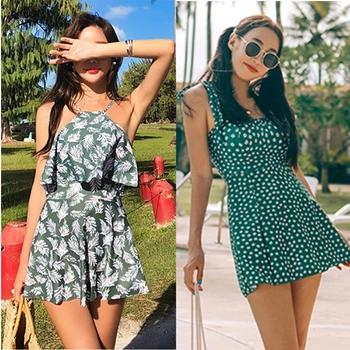 

Green Print One Piece Women's Swimming Suit Woman Swimsuit Female Girls with Ruffles
