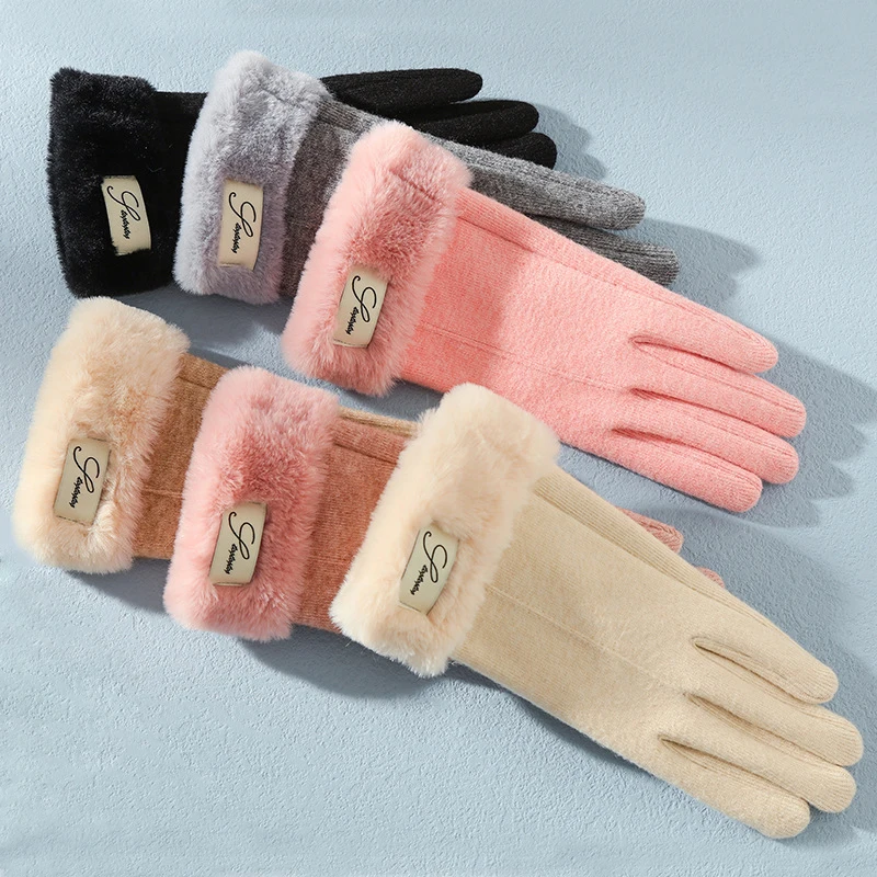 

Зимние женские модные элегантные вязаные шерстяные перчатки, плотные теплые велюровые перчатки для сенсорных экранов, плюшевые велосипедные варежки на запястье
