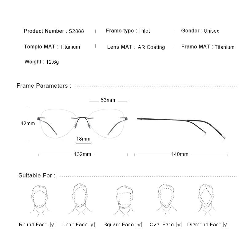 Women Eyewear Frames Titanium Alloy Rimless Ultralight Frameless Fashion Optical Frames S2888