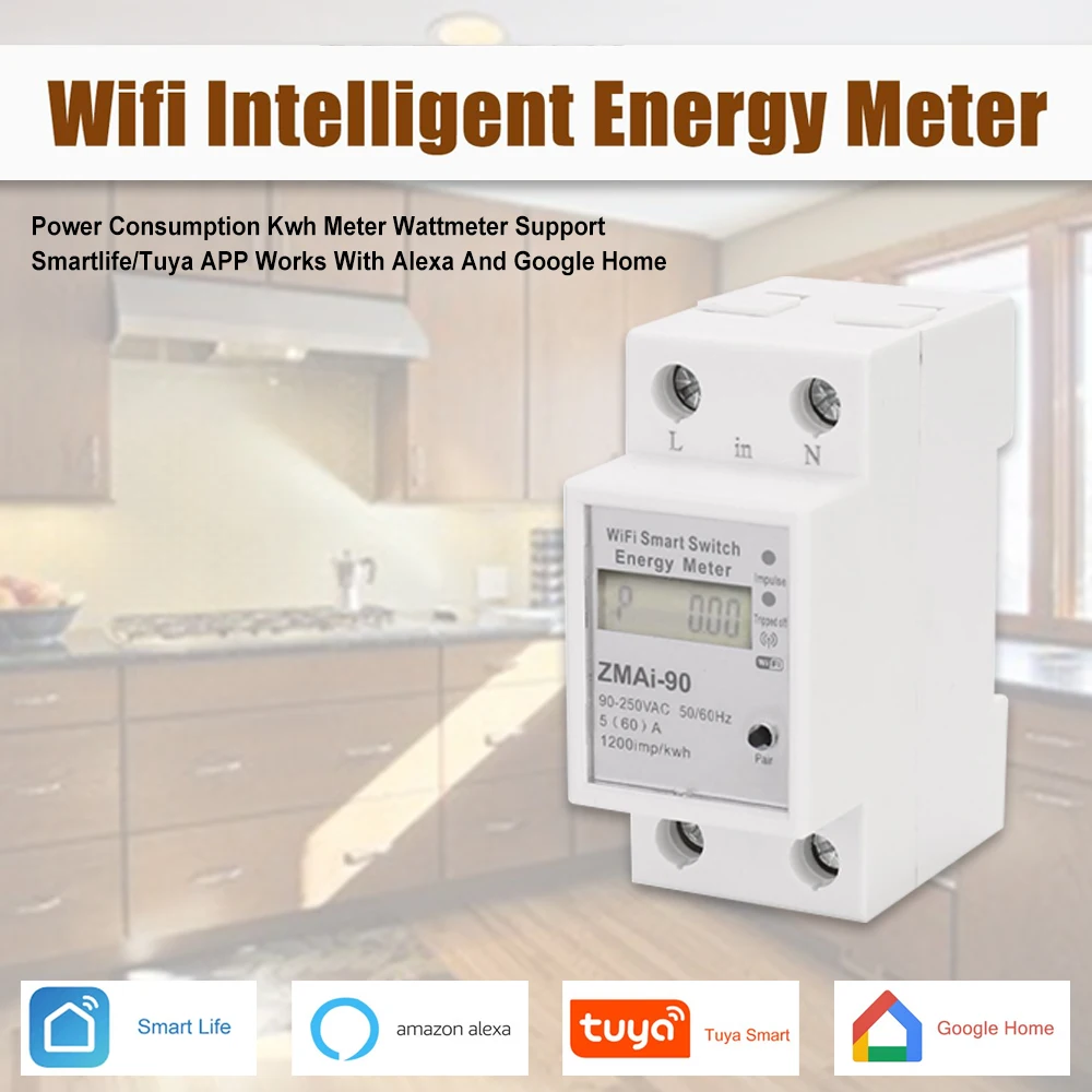 Smart Switch 60a Wifi Medidor de Energia Kwh Monofásico Trilho Din Tuya App Monitor e Registro de Consumo de Energia Wattímetro Proteção contra Sobrecarga Suporta Alexa Google Home - Image 2