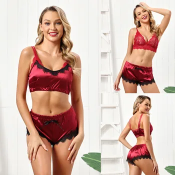 

#18 Women Lace Sleepwear Lingerie Camisole Bow Trousers Casual Pajamas Underwear Set Casual Sleepwear Underwear Suit пижама