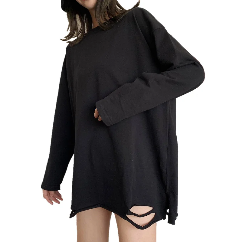 Женская рваная футболка с длинным рукавом в стиле хип-хоп оверсайз ажурная