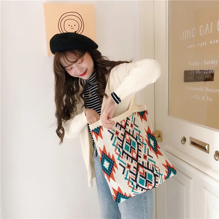 Hylhexyr 2021 Weave Women Casual Bag Retro Pattern Boho Chic Female Tote Bag Crochet Daily Handbag Large Capacity Open Bags