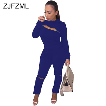 

Cut-Out Hole Sexy 2 Piece Set Sweatsuit Women's Costumes Full Sleeve Front Zipper T Shirts + Causal Long Ripped Pants Winter Set
