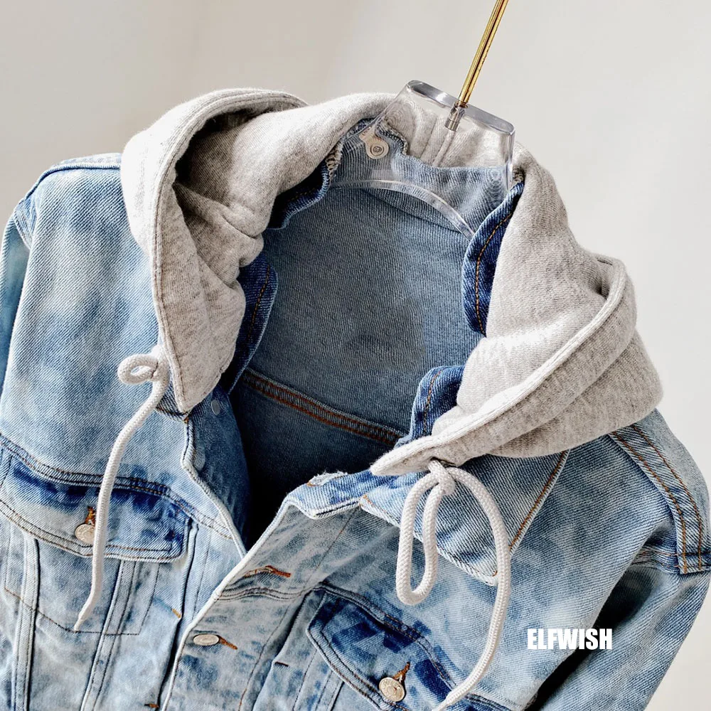 Woman Washed Denim Blue Hooded Jacket 