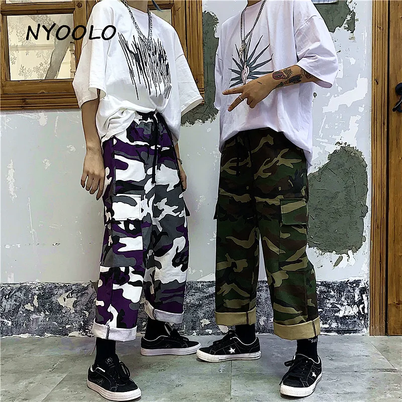 NYOOLO Harajuku стиль уличная большие карманы камуфляжные брюки повседневные эластичные талии длина голеностопного сустава брюки для женщин и мужчин