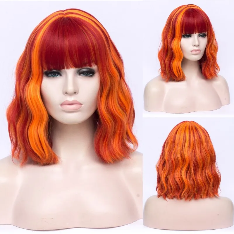 VICWIG Short Wavy Cosplay Wig With Bangs Green Blue Orange Red White Bicolor Synthetic Wigs For Women