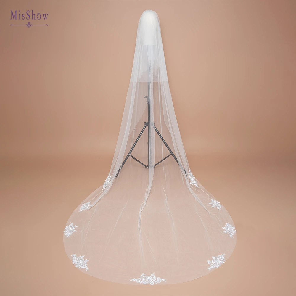 

NEW ! Velos De Novia Cording Lace Two Layers 3M Long Wedding Veils Soft Tulle Wedding Accessories Bridal Veil Cover Face
