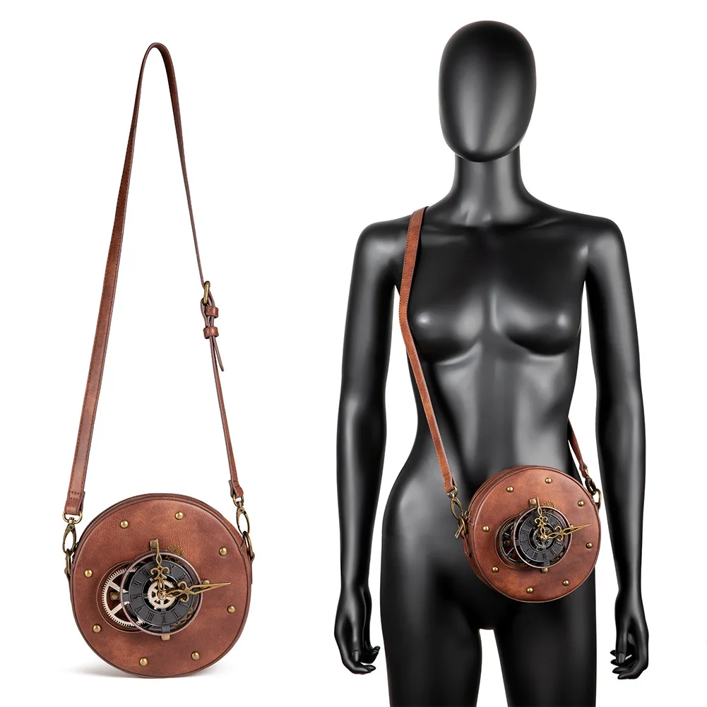YoReAi Vintage Steampunk Round Bag Steam Punk Retro Rock Gothic PU Bag Shoulder Diagonal Waist Bags Packs Victorian Women Unisex