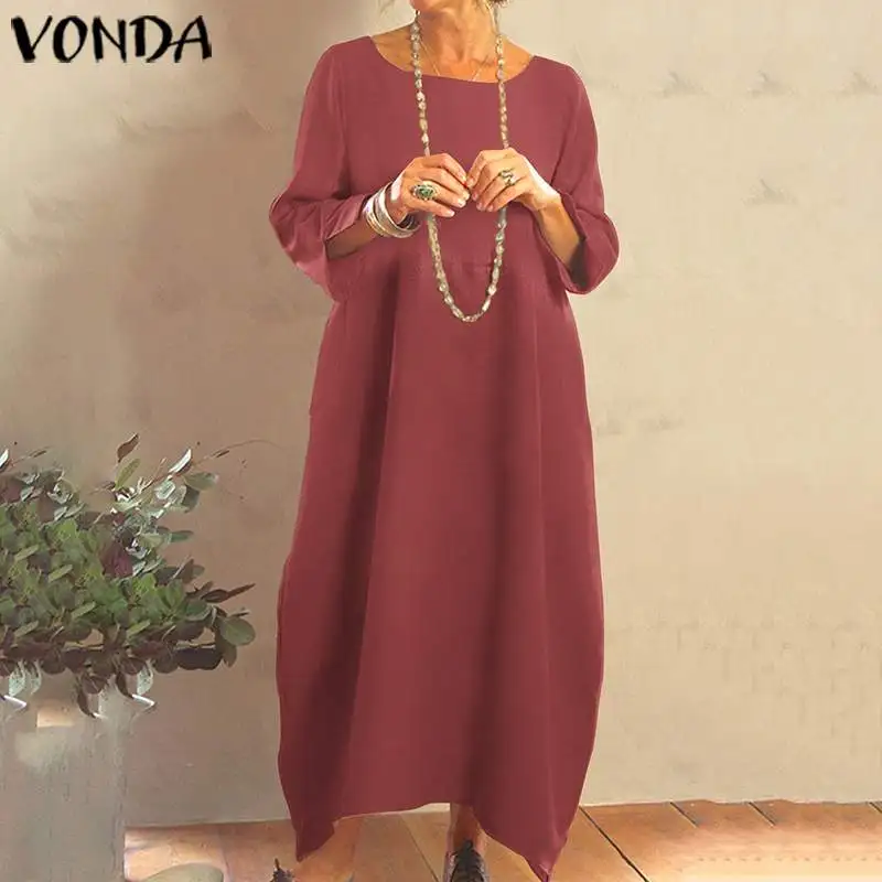 VONDA, свободное богемное платье, женское, повседневное, одноцветное, для вечеринки, платья размера плюс, о-образный вырез, 3/4 рукав, пляжный сарафан, Femme Robe 5XL