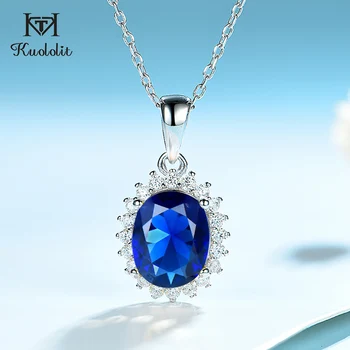 

Kuololit Solid 925 Sterling Silver Friendship Pendants Necklaces For Women Blue Sapphire Gemstone Princess Diana Wedding Jewelry