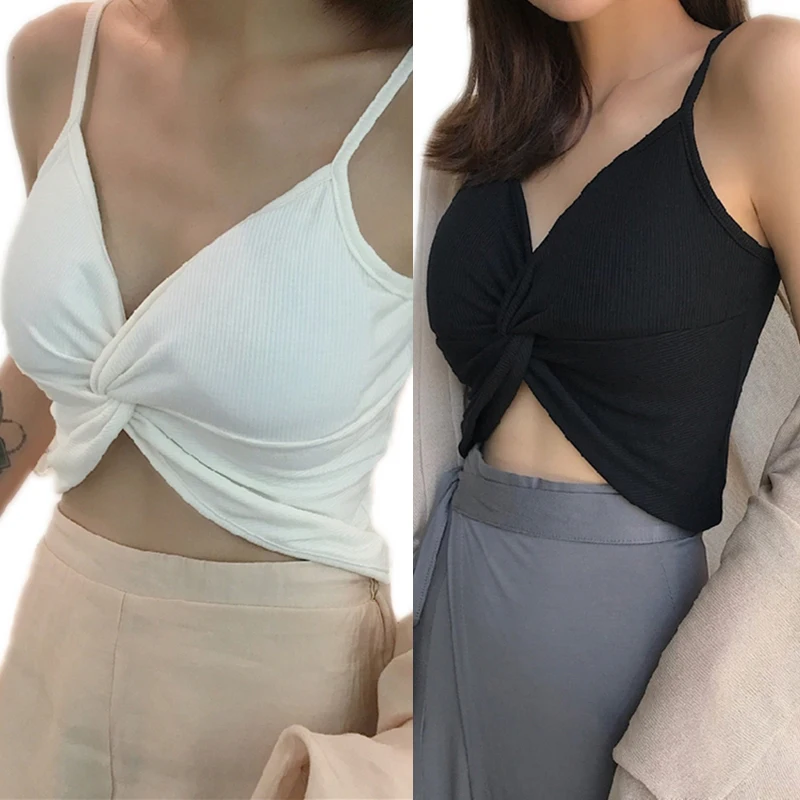 Summer Casual Crop Top New Cute Solid V Neck Short Ladies Tanks Girls Clothes Plain Twisted Tank Top Women Tops