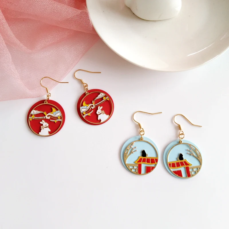 Guofeng Forbidden painted fairy Flying crane rabbit palace antique cat earrings with Hanfu enamel For Women jewelry | Украшения и