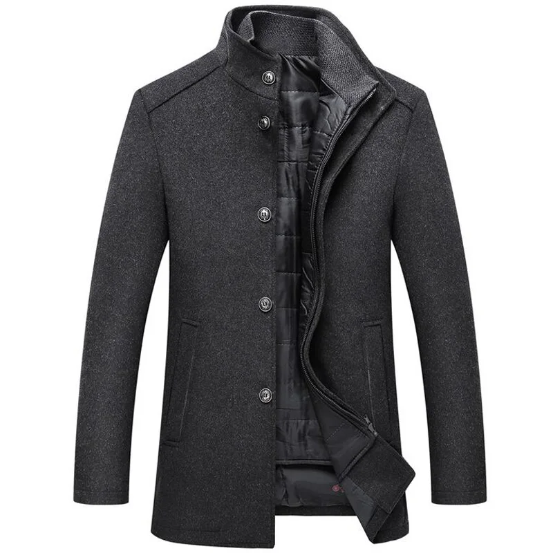 Шерстяное пальто для мужчин, зимняя ветровка, длинные толстые шерстяные куртки, abrigo hombre, Мужской однобортный жилет с воротником-стойкой, шерстяные пальто - Цвет: Темно-серый