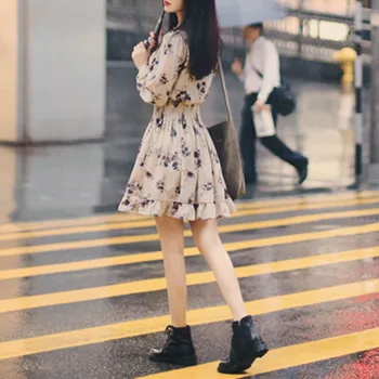 

JAYCOSIN Summer Women Loose Wild Small Floral Dress Fashion Long Sleeve Turn-Down Collar women's dress Korean style dress chic