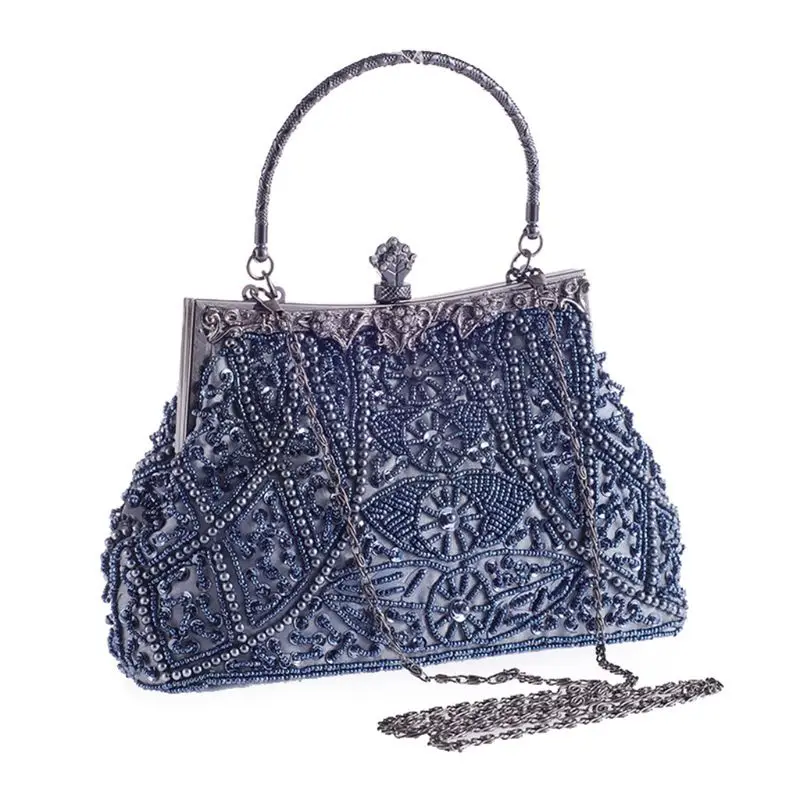 Женская Роскошная вечерняя сумочка в стиле ретро, с блестками, жемчугом, бисером, сумка через плечо - Цвет: Серый